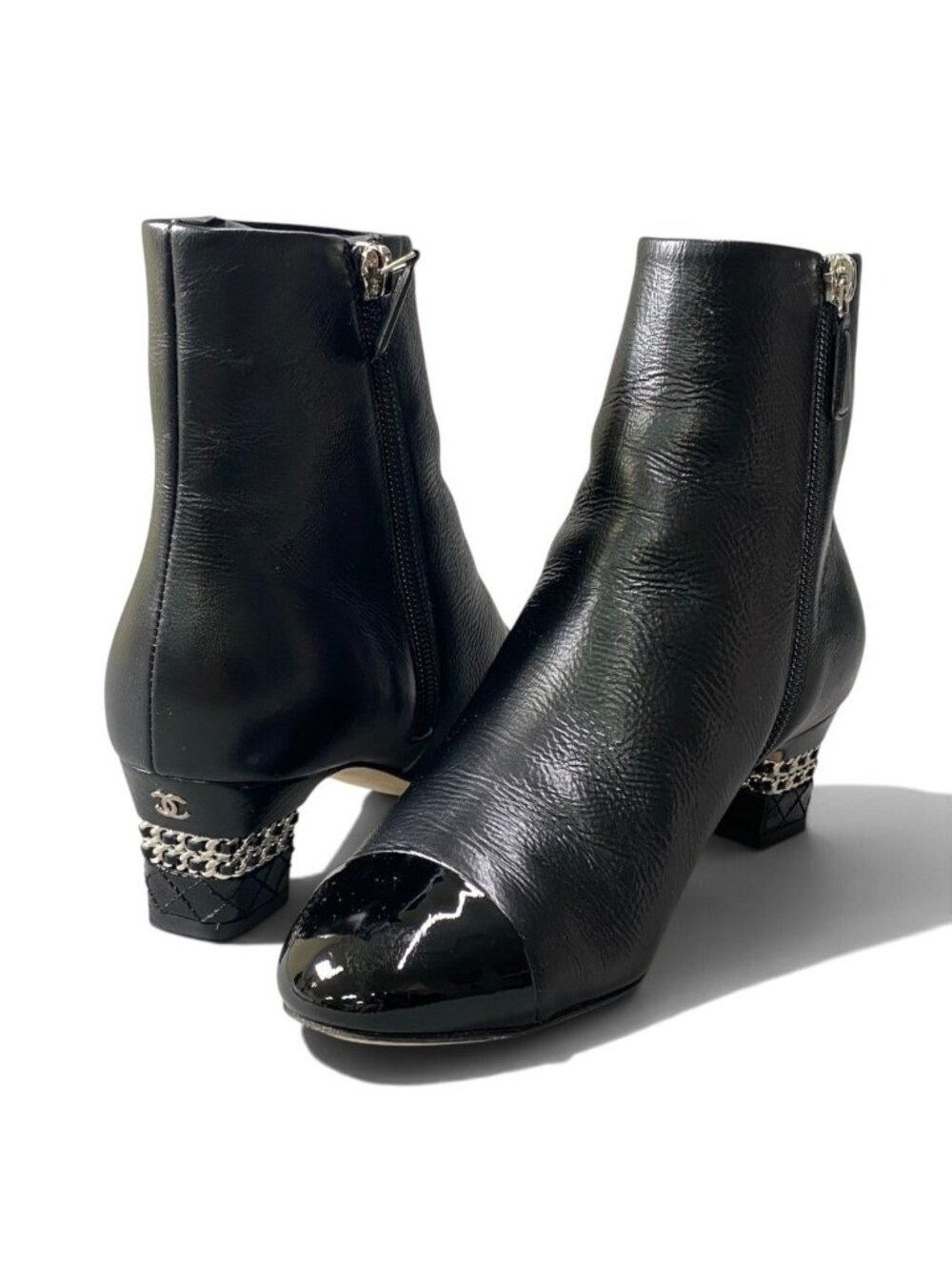 Chanel Short Boots Chain CC Logo Black Leather